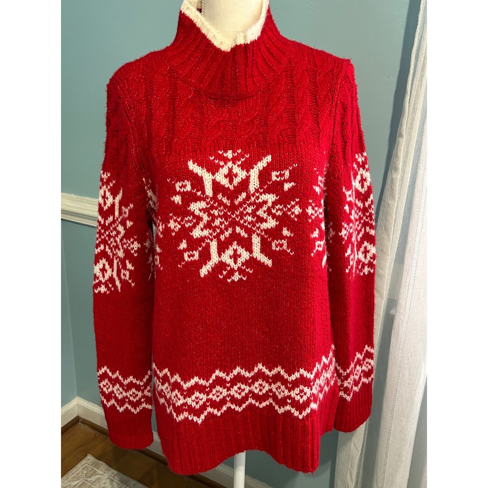 Red Snowflake Mock Neck Cable Knit Holiday Sweater Festive Winter Top